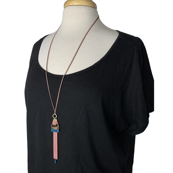 SHIRALEAH *NEW* Blush Pink Black Turquoise Sloan Chain Necklace Beaded Boho - Picture 3 of 6
